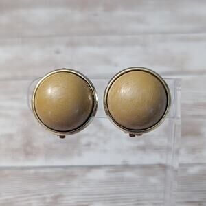 Vintage Clip On Earrings - Domed Tan with Gold Tone Halo - Fair Condition